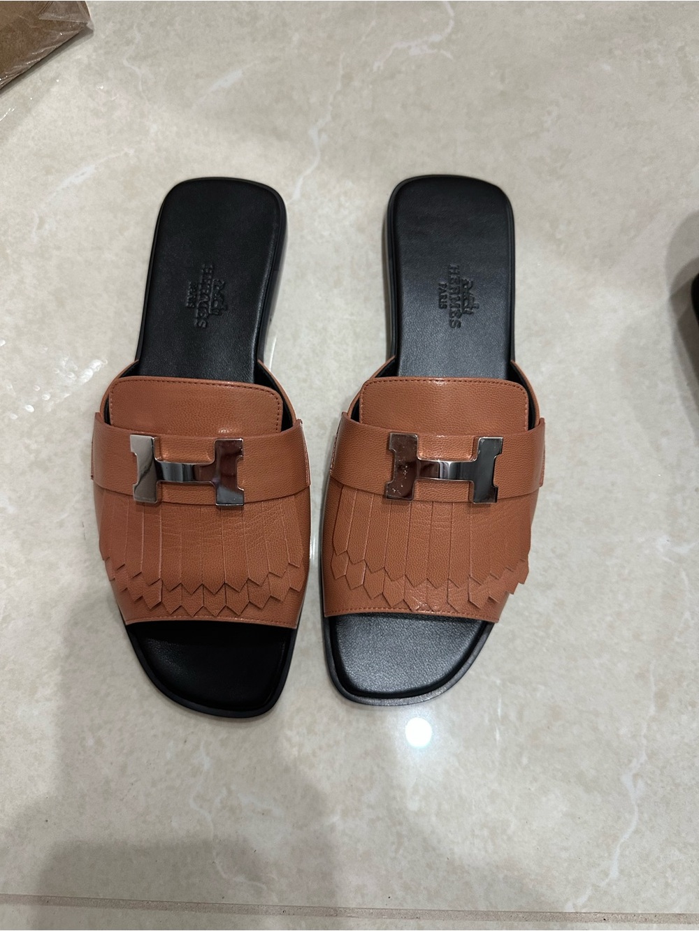 Brown Leather Slide Sandals with Silver H Hardware